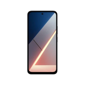 Siyah Poco M8s 5G akıllı telefonun önden görünümü, ince çerçeveli ekran ve merkezde ön kamera detayı