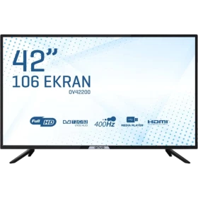Onvo OV42200 Full HD LED televizyon, siyah çerçeveli 42 inç ekran ve ayaklarıyla önden görünüm