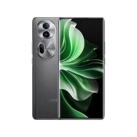 Oppo Reno 11 Pro gri akıllı telefon, ön ekran ve arka kamera modülüyle önden-arkadan görünüm