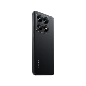 Siyah Xiaomi 14T Pro akıllı telefonun arka yüzü, dört kameralı kare kamera modülüyle görünüm