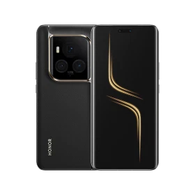 Honor Magic 6 Ultimate siyah akıllı telefon, ön ekran ve arka kamera modülüyle vitrin görünümü