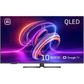 Arçelik A 1055 C AI Ultra HD 4K QLED televizyon, renkli ekranı ve Google TV arayüzüyle önden görünüm