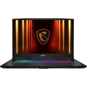 MSI Katana 17 HX B14WFK-252XTRAT52 siyah oyuncu laptop; ekran aydınlatmalı oyun temasıyla önden görünüyor