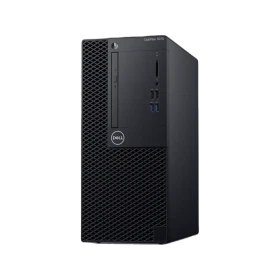 Dell OptiPlex 3070 N512O3070MT_U masaüstü bilgisayarın siyah kasa, ön ve yan panel görünümü