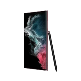 Bordo Samsung Galaxy S22 Ultra akıllı telefon, kavisli ekran ve yanında S Pen kalemle önden görünüm