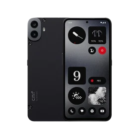 Nothing CMF Phone 1 siyah akıllı telefonun ön ve arka yüzü, çift kamera ve ekranı birlikte gösteriliyor