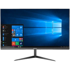 MSI PRO 24X 10M-015EU11 masaüstü bilgisayar, geniş ekranı ve ayaklı siyah tasarımıyla Windows masaüstünü gösteriyor