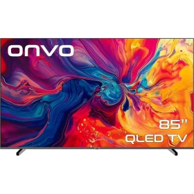 Onvo 85VQ90F2UA Ultra HD 4K QLED TV, renkli ekranı ve ayaklı tasarımıyla önden görünüm