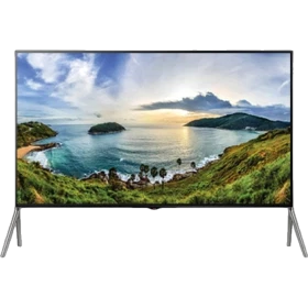 LG 98UB980V Ultra HD 4K LED televizyon, ince çerçeveli ekran ön taraftan deniz manzarası gösterir