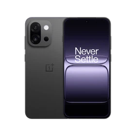 Gri OnePlus 13t akıllı telefon, ön ekranı ve çift arka kameralı arka yüzeyiyle vitrinde sergileniyor