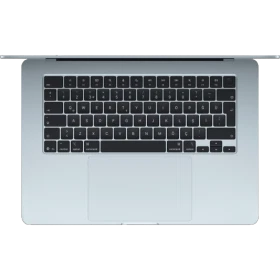 Apple MacBook Air M4 15.3 inç açık mavi laptop, üstten görünümde klavye ve geniş touchpad detayıyla