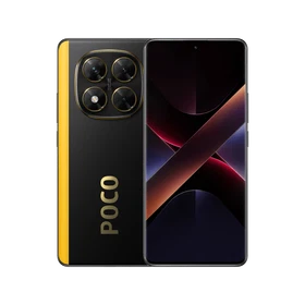 Poco X7 siyah akıllı telefon, ön ekran ve sarı detaylı arka yüzeyiyle ana vitrin görünümü