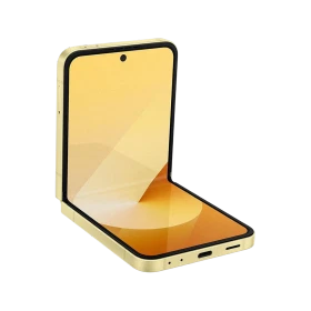 Sarı Samsung Galaxy Z Flip6 katlanabilir akıllı telefon, açık konumda ekranı ve ince çerçevesiyle önden görünüm