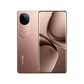 Vivo v40e bakır akıllı telefon, ön ekran ve arka kamera modülüyle vitrin görünümü