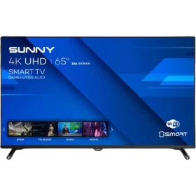 Sunny SN65FIL208 Ultra HD 4K TV, önden görünen siyah televizyon ve mavi ekran arayüzü