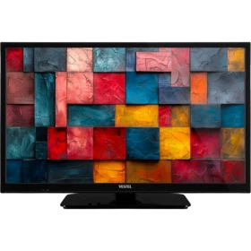 Vestel 24H8540 HD Ready LED televizyon, renkli mozaik ekran görüntüsü ve siyah çerçevesiyle önden görünüm‑
