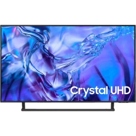 Samsung 43DU8500 Ultra HD 4K LED televizyon, siyah çerçeveli ekranda Crystal UHD teması gösteriliyor