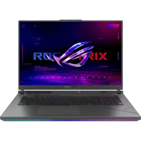Asus ROG Strix G16 G614JVR-N3243 C5 siyah oyuncu laptop; RGB klavye ve ROG ekran tasarımı görünüyor