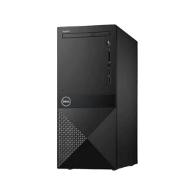Dell Vostro 3670 siyah masaüstü bilgisayar kasası, ön ve sağ yan paneliyle dikey konumda
