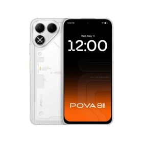 Tecno Pova 8 5G beyaz akıllı telefon; çift arka kamera ve ön ekran üzerinde 1:20 saat görünüyor