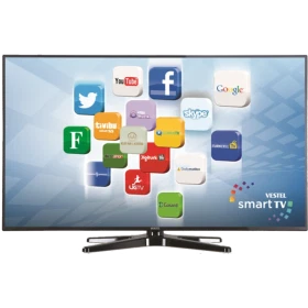 Vestel 50PF7175 Full HD LED televizyon, siyah çerçeveli ekranı ve ayaklı tasarımıyla Smart TV uygulamalarını gösteriyor