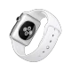 Apple Watch 42 mm paslanmaz çelik kasalı, beyaz spor kordonlu akıllı saat, eğik açıdan görünüm