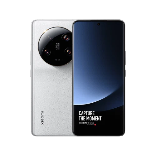 Xiaomi 13 Ultra beyaz akıllı telefon, ön ekran ve Leica kamera modüllü arka yüz tasarımıyla vitrin görünümü