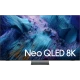 Samsung 75QN990F QLED 75 inç Ultra HD 8K TV; NEO QLED yazılı, canlı deniz manzaralı vitrin ekranı