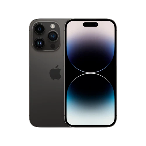 Siyah Apple iPhone 14 Pro Max akıllı telefon, ön ekran ve üçlü arka kamera tasarımıyla yan yana görünüm