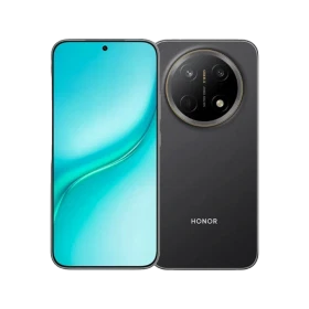 Siyah Honor X9e Pro telefonun ön ve arka yüzü, canlı ekranı ve yuvarlak kamera modülüyle birlikte.