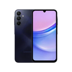 Samsung Galaxy A15 siyah akıllı telefon, ön ekran ve arka üçlü kamera tasarımıyla vitrin görünümü