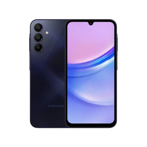 Samsung Galaxy A15 siyah akıllı telefon, ön ekran ve arka üçlü kamera tasarımıyla vitrin görünümü