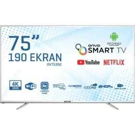 Onvo OV75350 Ultra HD 4K LED televizyon, 75 inç ekranı ve ince siyah çerçevesiyle önden görünür.