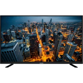 Grundig 55 VLX 8650 BP Ultra HD 4K LED televizyon, şehir manzarası gösteren siyah çerçeveli TV