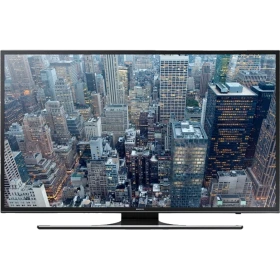 Samsung 40JU6470 Ultra HD 4K TV vitrin görseli; şehir manzaralı ekranda siyah ekran tasarımı