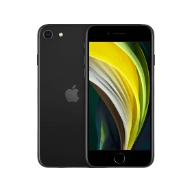 Apple iPhone SE 2020 siyah akıllı telefon, ön ekran ve arka yüzü birlikte gösteren vitrin çekimi