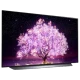 LG OLED65C14LB Ultra HD 4K OLED TV ekranında mor ve pembe ışıklar, ağaç manzarası, genel siyah çerçeve