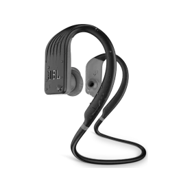 Siyah JBL Endurance JUMP Kablosuz kulaklık, kulak kancalı tasarımıyla önden görünüm