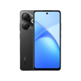 Siyah Infinix Smart 10 HD akıllı telefon, önden ekran ve arkadan çift kamera tasarımıyla vitrin görünümü