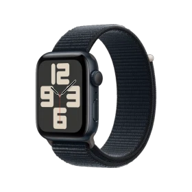 Apple Watch SE 2 2023 44 mm siyah alüminyum kasa ve Spor Loop akıllı saat, kadranı açık şekilde