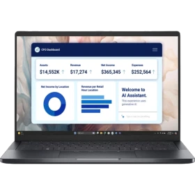 Dell Pro 14 Premium BTO207-PA14250-EMEA siyah iş ve ofis laptopu ekranda CFO Dashboard arayüzüyle