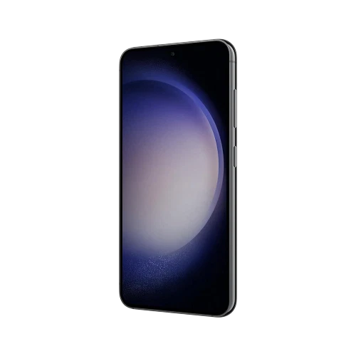 Samsung Galaxy S23 siyah akıllı telefon, önden görünüm, ince çerçeveli ekran ve yan tuş detaylı tasarım