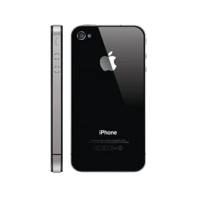 Apple iPhone 4 siyah akıllı telefon, arka yüz ve yan profil görünümü, cam arka kapak ve Apple logosu