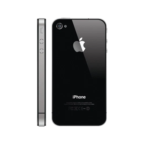Apple iPhone 4 siyah akıllı telefon, arka yüz ve yan profil görünümü, cam arka kapak ve Apple logosu