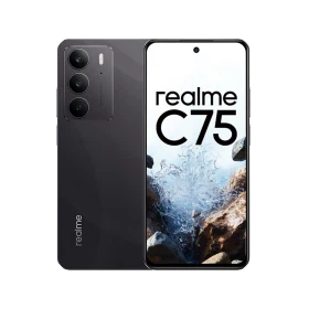 Siyah Realme C75 akıllı telefon, ön ekran ve arka üçlü kamera tasarımıyla vitrin görünümü