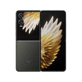 Tecno Phantom V Flip 2 gri katlanabilir akıllı telefon, ön ekran ve arka kamera tasarımıyla vitrin görünümü