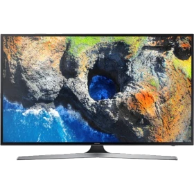 Samsung 43MU7000 Ultra HD 4K LED televizyon ekranında renkli dağ manzarası görüntüsü, siyah tasarım