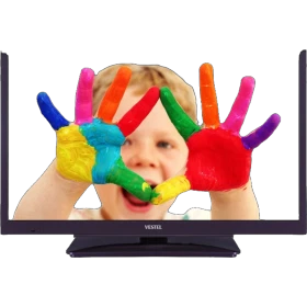 Vestel 22F8510L Full HD LED televizyon, siyah çerçeveli ayaklı tasarım ve renkli ekran içeriğiyle önden görünüm