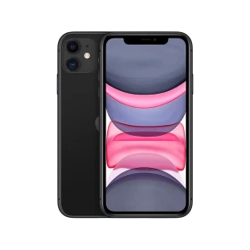 Apple iPhone 11 siyah akıllı telefon, ön ekran ve arka çift kameralı tasarımın vitrin görünümü