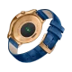 Huawei Watch Ladies Altın akıllı saatin altın renkli kasası ve mavi deri kayışının arka yüzü